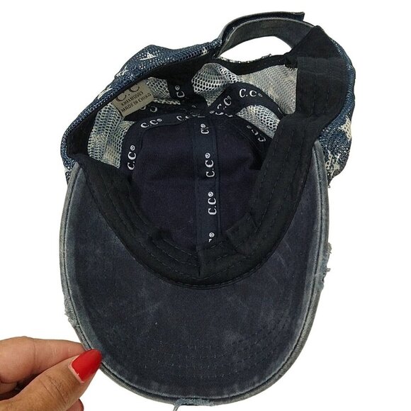 CC Exclusives Denim Strapback Cap Women One Size US Flag Broken-in Ripped - Picture 7 of 7